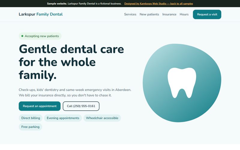 Screenshot of the Larkspur Family Dental sample website