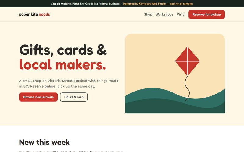 Screenshot of the Paper Kite Goods sample website