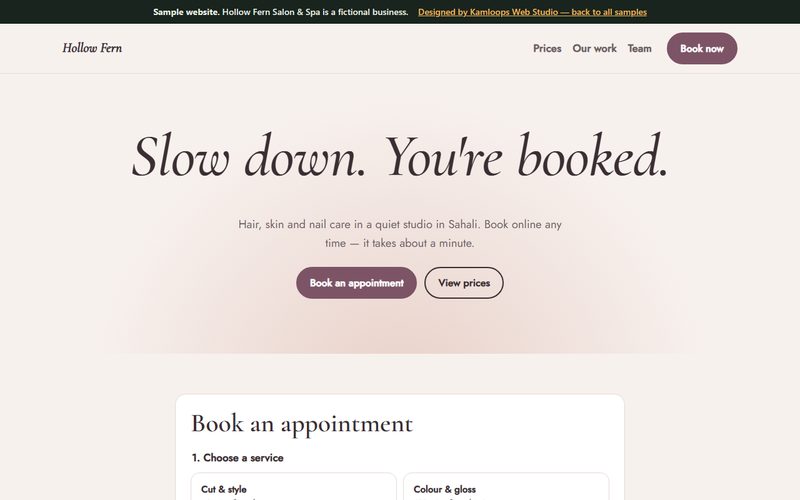Screenshot of the Hollow Fern Salon & Spa sample website